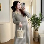 Petite robe en tricot a col en v pour femmes enceintes, jupe plissée a la mode, trempée pour l'automne ... Petite robe en tricot a col en v pour femmes enceintes, jupe plissée a la mode, trempée pour l'automne ...