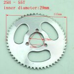 Pignon super arrire 25h 55 t 29mm 55 dents argent pour mini vlo de poche 47cc 49cc, vtt, scooter, moto ...