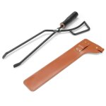 Pince a charbon de bois pour barbecue, poigne en fer et bois, anti - brlure avec housse en cuir, camping ...