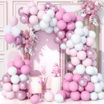 Pink balloon arch kit, 153 pieces metallic pink pastel white balloon garland kit for birthday baby shower ...