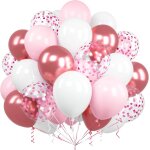 Pink and white balloons, 60 pieces 12 inches pastel pink latex red metallic confetti balloons with ribbon ...