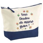 Pochette fond bleu doudou elle assure grave - cadeau original - anniversaire - trousse maquillage grand ...