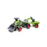 Porteur tracteur claas 1er age avec pelle frontale, excavatrice et remorque vert claas