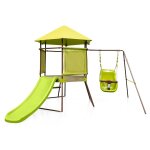 Portique de balanoire 4 en 1 pour enfants aire de jeu en mtal avec cabane couverte sige bb rglable ...