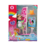 Poup�e planche � voile wdk nini love - planche rose / turquoise, gilet orange, chien blanc