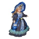 Poup�e victorienne en porcelaine artisanat r�tro collection yeux bleus chapeau robe sac a main cheveux ...
