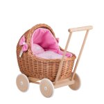 Pousette pour poupe en osier et bois naturel rose