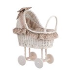Poussette pour poupe - landau - pousette en osier blanc - creme avec roues en bois (blanc - beige)