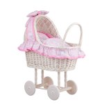 Poussette pour poupe - landau - pousette en osier blanc - creme avec roues en bois (rose)