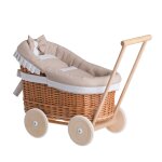 Poussette pour poupe en osier naturel, poigne et roues en bois