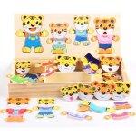 Puzzle en bois pour bbs, tigre / lapin, changement de tissu, avec bote en bois, jeu d'veil prcoce, ...