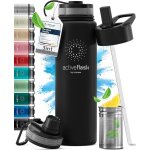 Qxer - gourde inox isotherme active flask 1l / 500ml sans bpa + paille (3 bouchons) bouteille d`eau acier ...