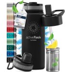 Qxer - gourde inox isotherme active flask 1l / 500ml sans bpa + paille (3 bouchons) bouteille d`eau acier ...