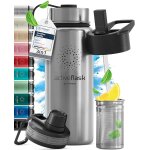 Qxer - gourde inox isotherme active flask 1l / 500ml sans bpa + paille (3 bouchons) bouteille d`eau acier ...