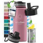 Qxer - gourde inox isotherme active flask 1l / 500ml sans bpa + paille (3 bouchons) bouteille d`eau acier ...