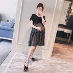 Robe double couche en dentelle pour femmes enceintes, jupe trapze, vtements a manches courtes, mode, ...