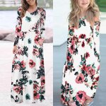 Robes imprim�es � fleurs pour m�re et enfant, manches longues, col rond, tenues de famille assorties