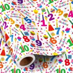 Rouleau de papier cadeau d'anniversaire, motif chiffres et bougies colorés, gâteaux et inscription « ... Rouleau de papier cadeau d'anniversaire, motif chiffres et bougies colorés, gâteaux et inscription « ...