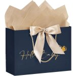 Sac cadeau de naissance de luxe hello baby bleu marine avec n?ud dor� 13 x 18 cm