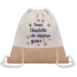 Sac � dos toile et jute charlotte elle assure grave ! sac de sport et gym, sac doudou enfant cadeau f�te ...