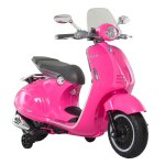 Scooter moto electrique enfant vespa 6v 30w 2 roulettes auxiliaires effets sonores lumineux rose