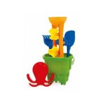 Seau chateau fort 22cm + moulin a eau sable 35cm + moule + pelle + rateau - coloris aleatoire - set plage ...