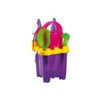 Seau garni chateau fort 16 cm avec tamis, arrosoir, pelle, rateau, moules a sable - coloris violet pailletes ...