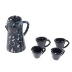 Service a th en porcelaine bleu fonc, 5 pices, thire miniature pour maison de poupe