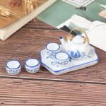 Service a th en porcelaine bleue, 6 pices, vaisselle miniature pour maison de poupe, assiette tasse, ...