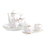 Service a th� en porcelaine pour maison de poup�e, 8 pi�ces, imprim� de roses et garniture dor�e