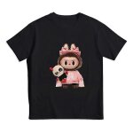 T - shirt labubu pour enfants, imprime poupee en peluche et noud, tenue rose mignonne, personnage