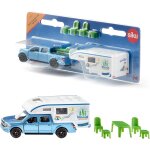 Siku 1693, ford f150 pick - up camper, en mtal / plastique, bleu / blanc, chaises, tabouret et table ...