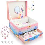 Sirne bote a bijoux fille, boite musique enfant avec miroir, bote a musique avec 4 parure de bijoux ...