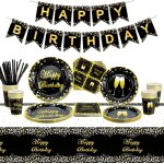 Sjzg - 107 pcs fournitures de fête noir et or - bannière et nappe d'anniversaire dorées pour décorations ... Sjzg - 107 pcs fournitures de fête noir et or - bannière et nappe d'anniversaire dorées pour décorations ...