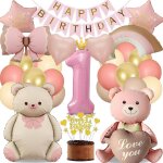 Sjzg - kit decoration anniversaire fille rosa 1 an, dco fte ballons ruban amour ours, dcoration fte ...