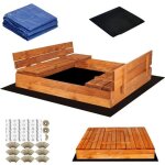 Springos� bac a sable 150 x 150 cm - bois impr�gn� - bancs pliables - couvercle de protection