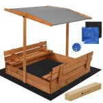 Springos� bac a sable en bois avec bancs et toit 120 x 120 cm avec toile de fond et b�che de protection ...
