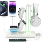 Support casque gamer avec chargement sans fil - support casque et manette rotatif avec 9 modes d'eclairage ...