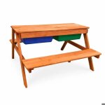 Table enfant bois avec bancs et bac a sable ginger home plateau relevable avec 2 bacs de rangement
