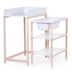 Table a langer avec baignoire et roues blanc naturel Table a langer avec baignoire et roues blanc naturel