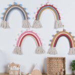 Tapisserie arc - en - ciel tiss�e a la main, pendentif avec pompon, d�coration murale, accessoires d'accrochag ...