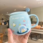 Tasse en c�ramique avec couvercle et cuill�re pour enfants, cadeau cr�atif espace & plan�te en relief, ...
