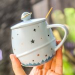 Tasse crative en cramique avec etoile et plante en relief pour enfants, 1 pice, avec couvercle et ...