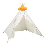 Tente de jeu pour enfants, petit tipi en toile avec pompons jaunes, maison de camping en plein air portable ...