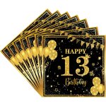 Tianyi - 20 pices serviettes anniversaire pour 13 ans, noir or serviettes joyeux anniversaire 13 ans, ...