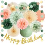 Tianyi - décorations d'anniversaire vert sauge et pêche avec bannière « happy birthday » - lanternes ... Tianyi - décorations d'anniversaire vert sauge et pêche avec bannière « happy birthday » - lanternes ...