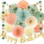Tianyi - décorations d'anniversaire vert sauge avec pompons en papier de soie - bannière dorée « happy ... Tianyi - décorations d'anniversaire vert sauge avec pompons en papier de soie - bannière dorée « happy ...