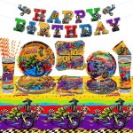 Tianyi - fournitures de fte d'anniversaire dirt bike, comprend une bannire happy birthday, une assiette, ...