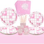 Tianyi - fournitures de fête disco rose des années 70 avec assiettes, serviettes, tasses, pailles, nappe, ... Tianyi - fournitures de fête disco rose des années 70 avec assiettes, serviettes, tasses, pailles, nappe, ...