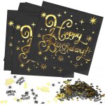 Tianyi - serviette anniversaire, 40 pices serviettes happy birthday, or noir serviette de table papier, ...